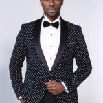 Dot Patterned Slim Fit Navy Blue Men Party Blazer - Wessi