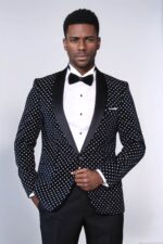 Dot Patterned Slim Fit Navy Blue Men Party Blazer