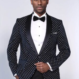 Dot Patterned Slim Fit Navy Blue Men Party Blazer - Wessi