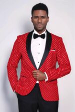 Dot Patterned Slim Fit Red Men Singer Tuxedo Blazer