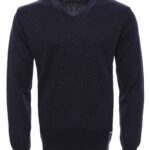 Dot Patterned V Neck Navy Blue Sweater - Wessi