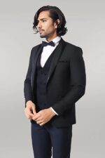 Dot Patterned Vested Dark Blue Wedding Suit