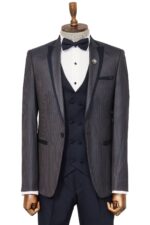 Dot Patterned Vested Navy Blue Wedding Suit