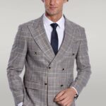 Double Breasted Checked Anthracite Men Blazer - Wessi