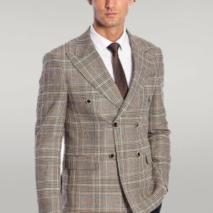 Double Breasted Checked Grey Men Blazer - Wessi