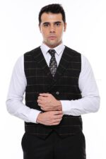 Double Breasted Plaid Black Men Vest