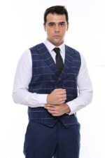 Double Breasted Plaid Blue Men Vest