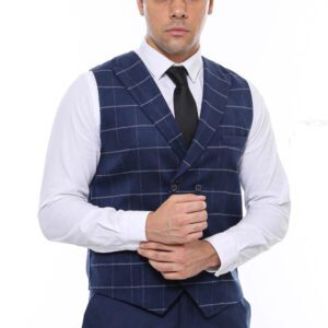 Double Breasted Plaid Blue Men Vest - Wessi
