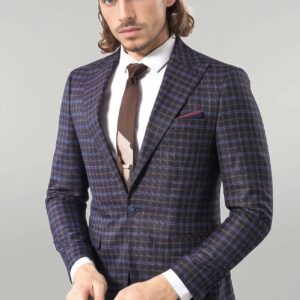 Double Breasted Plaid Burgundy Blazer - Wessi