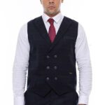 Double Breasted Plaid Navy Blue Men's Vest - Wessi