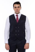 Double Breasted Plaid Navy Blue Men's Vest