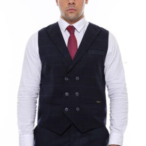 Double Breasted Plaid Navy Blue Men's Vest - Wessi