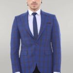 Double Breasted Pointed Collar Plaid Bast Blue Jacket-Wessi