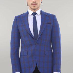 Double Breasted Pointed Collar Plaid Bast Blue Jacket-Wessi