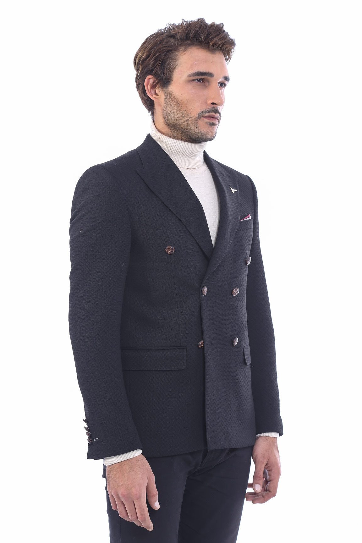 Slim Fit Double-Breasted Denim Blazer