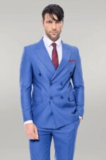 Double Breasted Slim Fit Blue Men Suit