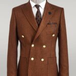 Double Breasted Slim Fit Brown Men Blazer - Wessi