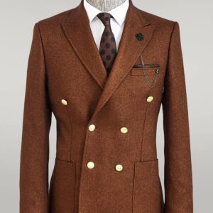 Double Breasted Slim Fit Brown Men Blazer - Wessi