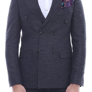 Double Breasted Slim Fit Navy Blue Blazer - Wessi