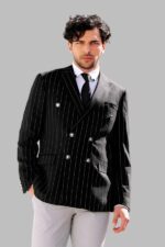Double Breasted Slim Fit Striped Black Men Blazer