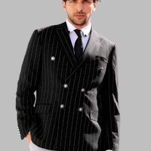 Double Breasted Slim Fit Striped Black Men Blazer - Wessi