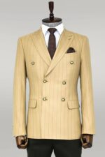 Double Breasted Slim Fit Striped Cream Men Blazer