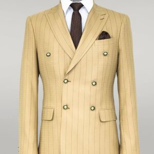 Double Breasted Slim Fit Striped Cream Men Blazer - Wessi