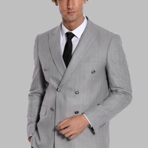 Double Breasted Slim Fit Striped Grey Men Blazer - Wessi