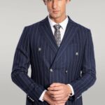 Double Breasted Slim Fit Striped Navy Blue Men Blazer - Wessi