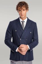 Double Breasted Slim Fit Striped Navy Blue Men Blazer