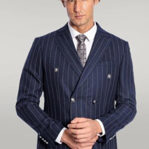 Double Breasted Slim Fit Striped Navy Blue Men Blazer - Wessi