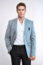 Double Button Mono Lapel Crested Grey Jacket-Wessi
