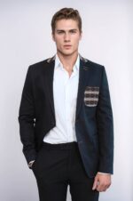 Double Buttons Knit Collar Mono Lapel Black Jacket-Wessi