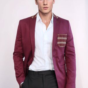 Double Buttons Knit Collar Mono Lapel Burgundy Jacket-Wessi