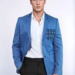 Double Buttons Knit Collar Mono Lapel Lgiht Blue Jacket-Wessi