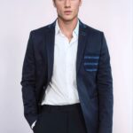 Double Buttons Knit Collar Mono Lapel Navy Blue Jacket-Wessi