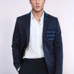 Double Buttons Knit Collar Mono Lapel Navy Blue Jacket-Wessi