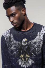 Eagle Patterned Slim Fit Navy Blue Sweatshirt