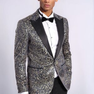 Feather Patterned Slim Fit Navy Blue Men Dinner Jacket - Wessi