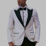 Feather Patterned Slim Fit White Men Tuxedo Blazer - Wessi