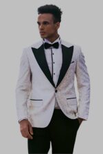 Feather Patterned Slim Fit White Men Tuxedo Blazer