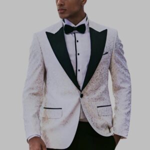 Feather Patterned Slim Fit White Men Tuxedo Blazer - Wessi