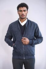 Flap Pockets Suede Dark Blue Men Bomber Coat