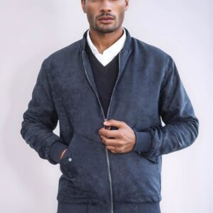 Flap Pockets Suede Dark Blue Men Bomber Coat - Wessi