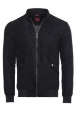 Flap Pockets Suede Navy Blue Men Bomber Coat