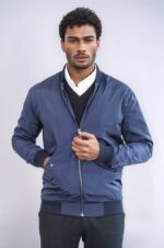 Flap Pockets Zippered Blue Men Bomber Coat