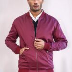 Flap Pockets Zippered Burgundy Men Bomber Coat - Wessi