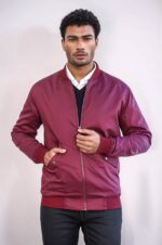 Flap Pockets Zippered Burgundy Men Bomber Coat
