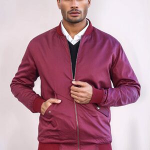 Flap Pockets Zippered Burgundy Men Bomber Coat - Wessi