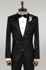 Floral Patterned Peak Lapel Black Tuxedo Blazer